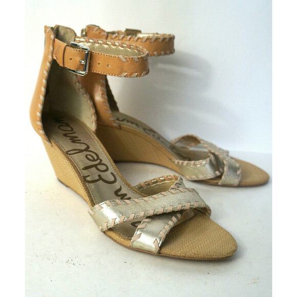 SAM EDELMAN Silvia US 10M Gold Nude Wedge Sandals Shoes w Ankle Strap & Zipper - Picture 1 of 7